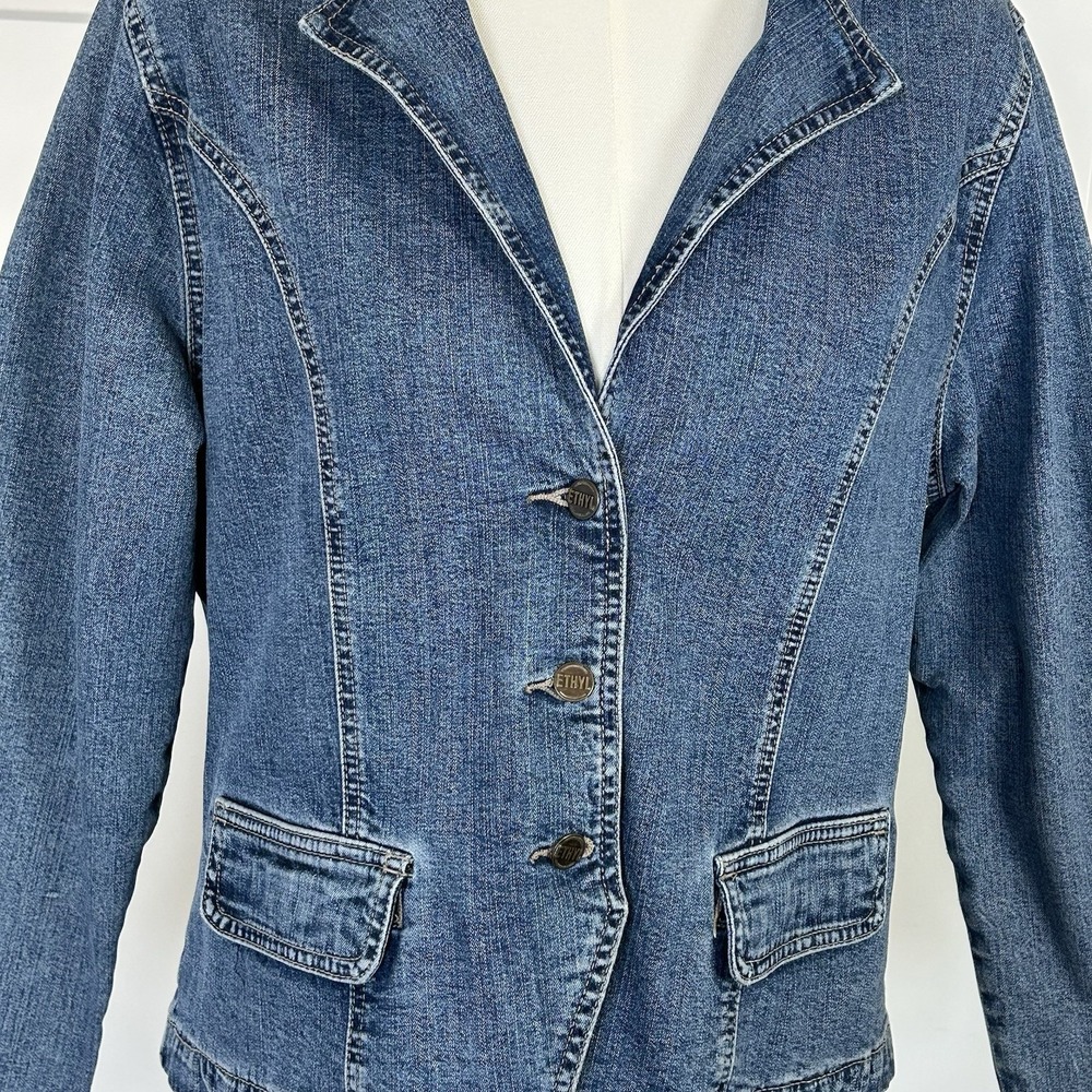 Ethyl Vintage Denim Blazer Jacket ~ Women's LARGE ~Medium Wash Stretch Y2K Retro - Picture 3 of 11